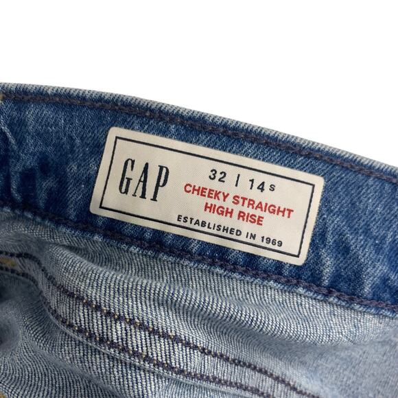 Gap Denim Jeans Size 32 14 S Cheeky Straight High Rise Blue Holes Med Wash NEW - Picture 9 of 12